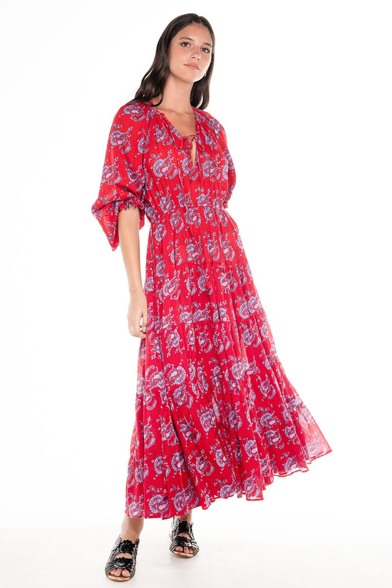 VELVET SCALLOP MAXI DRESS RED PAISLEY