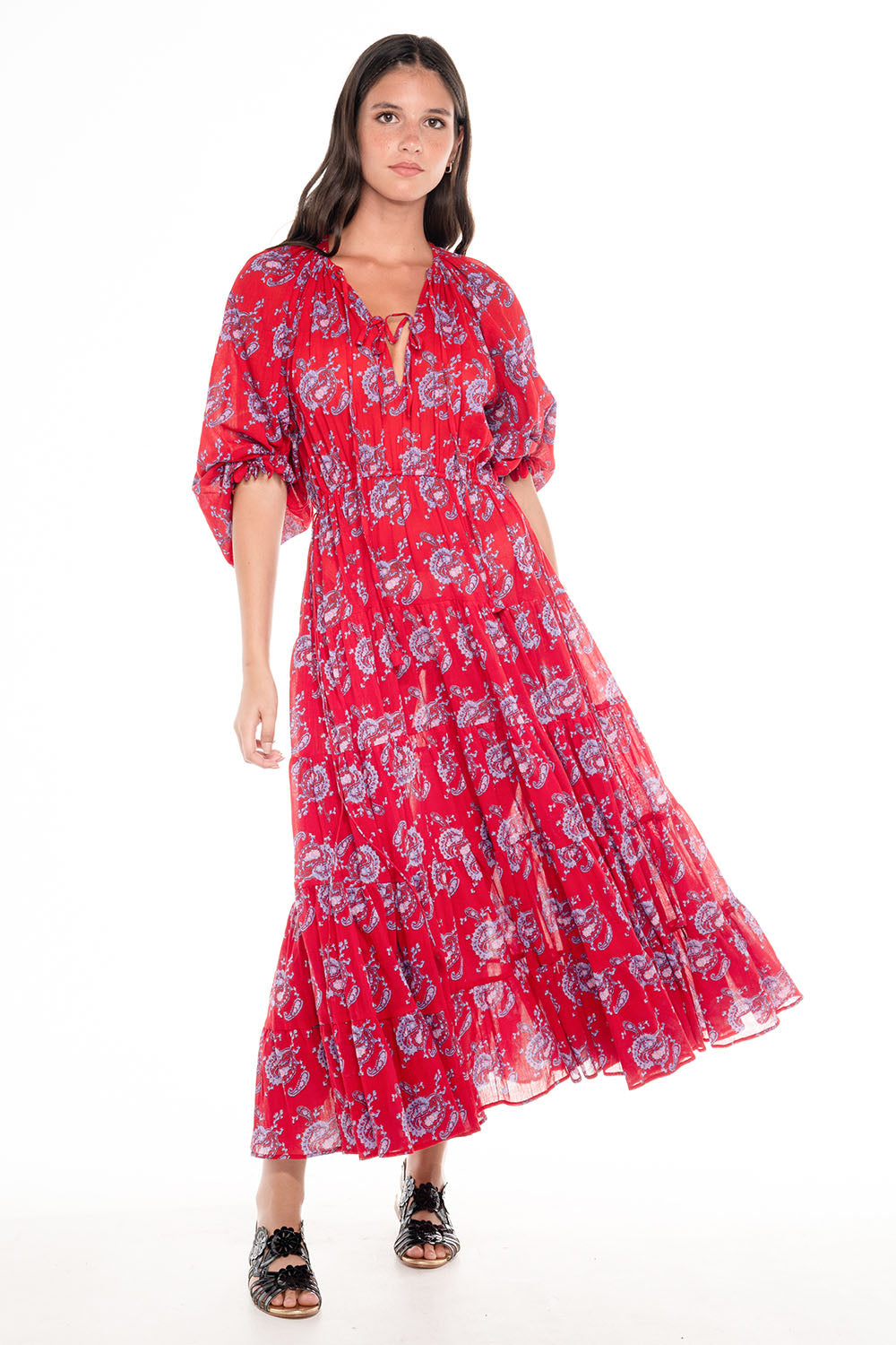 VELVET SCALLOP MAXI DRESS RED PAISLEY