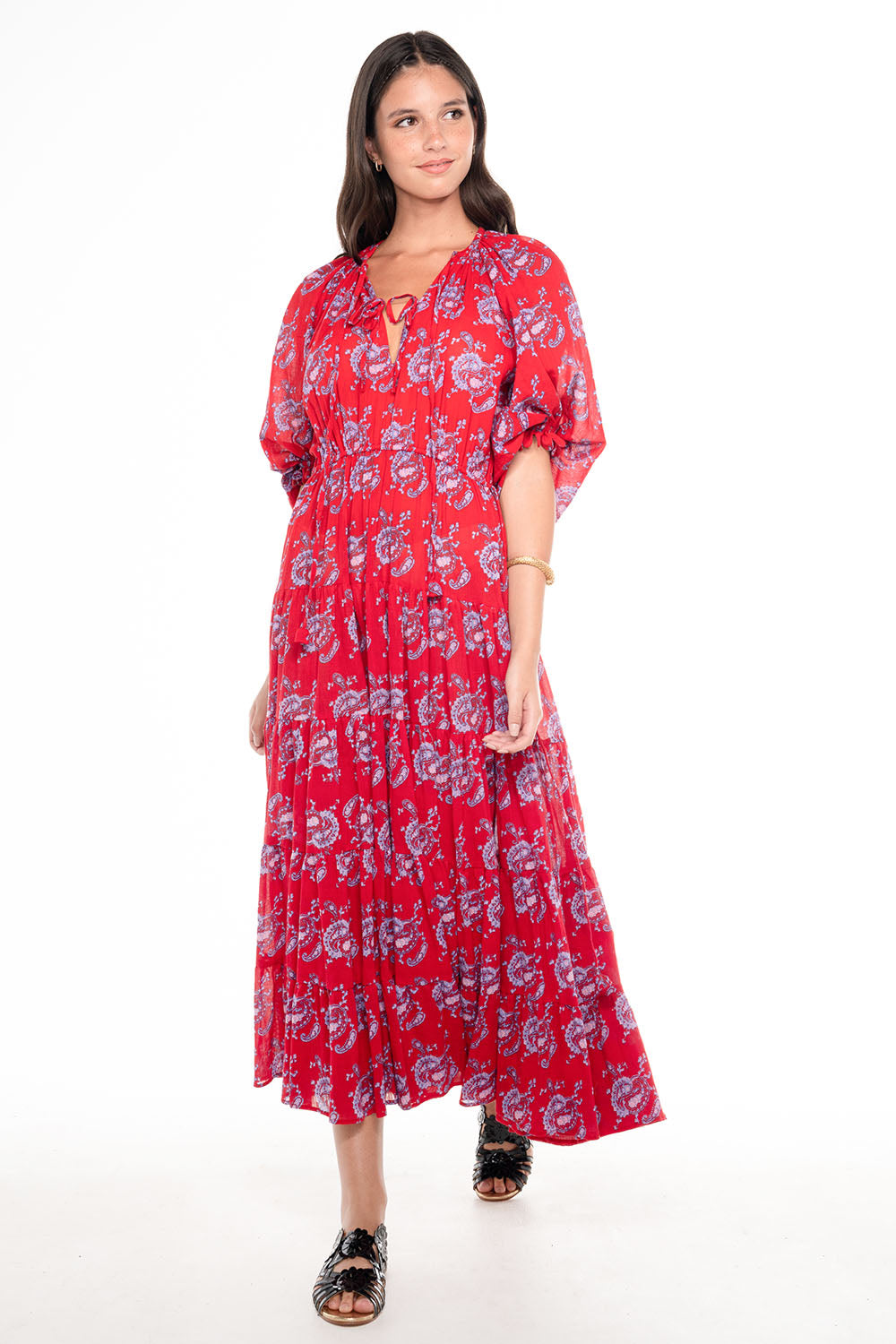 VELVET SCALLOP MAXI DRESS RED PAISLEY