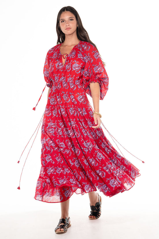 VELVET SCALLOP MAXI DRESS RED PAISLEY