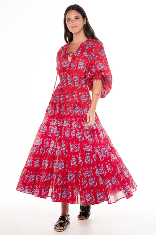 VELVET SCALLOP MAXI DRESS RED PAISLEY