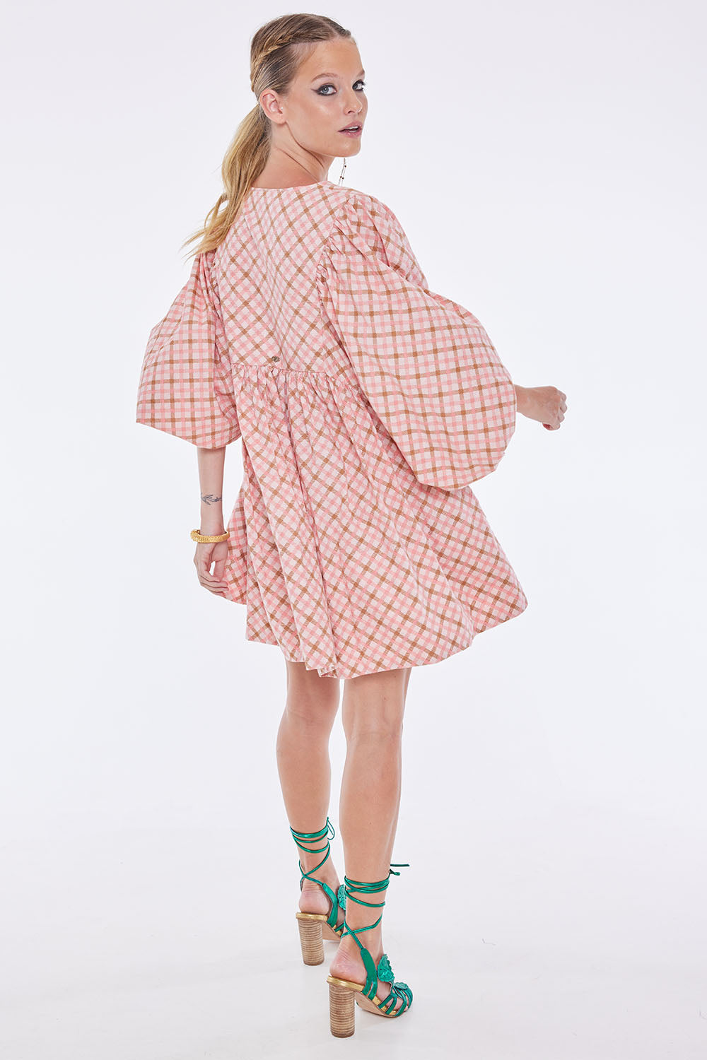 MADHU GINGHAM PASTEL PINK TAN MINI DRESS